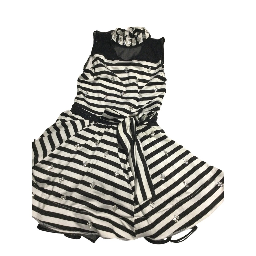 Girls Black White Striped Rhinestone PartyDress Sleeveless Mesh Neck Bow 12.5x24